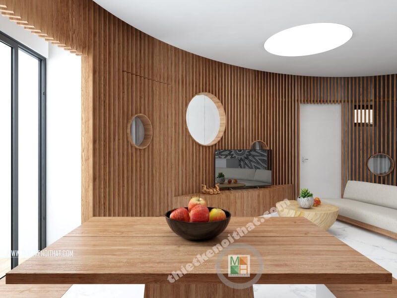 Mẫu bàn ăn gỗ tự nhiên đơn giản, kết hợp với tường ốp gỗ đồng màu, tạo nên sự ấn tượng mạnh mẽ và sang trọng.